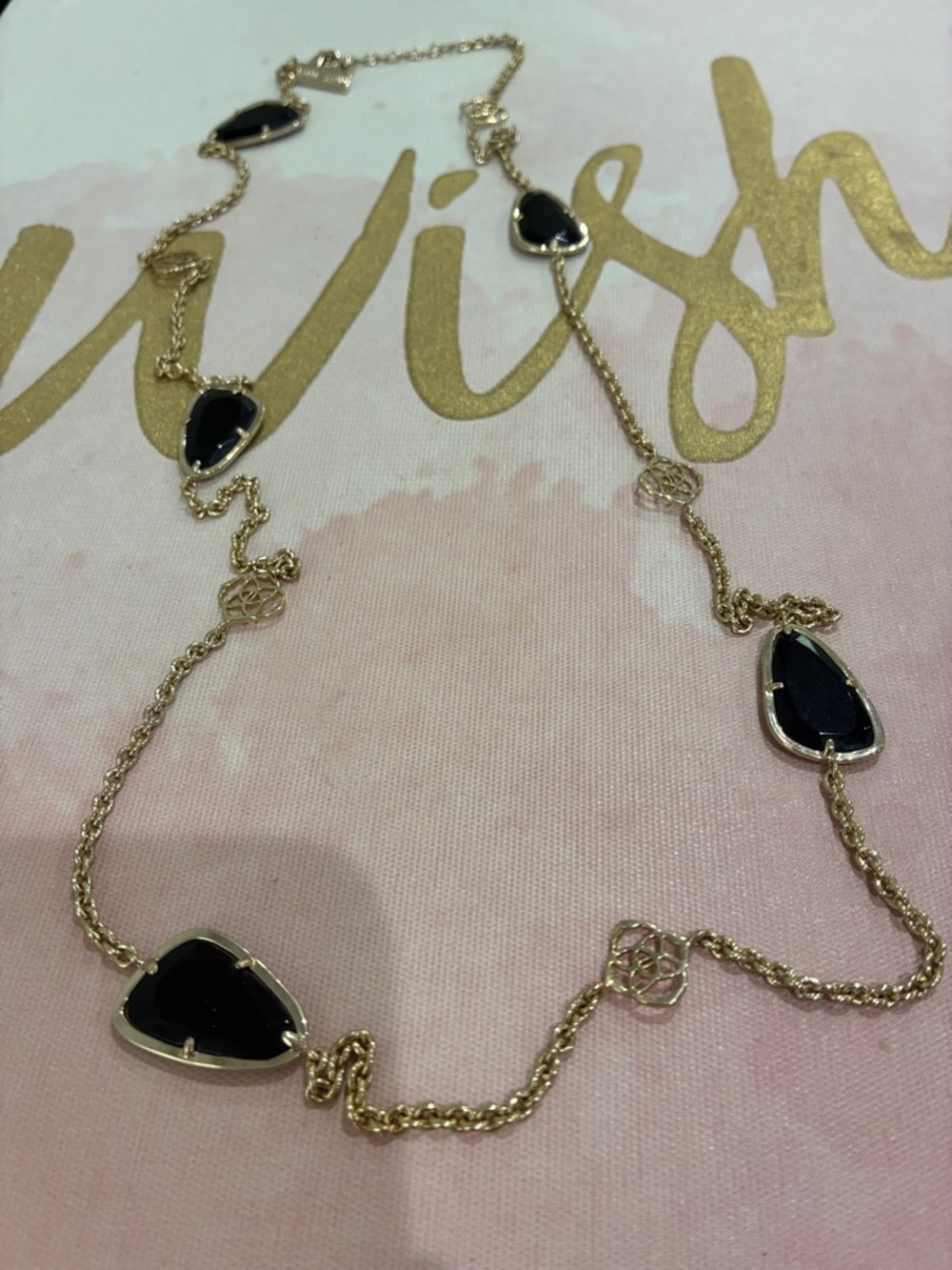 Kendra Scott Gold Chain Necklace with Black Teardrop and Shield Stones